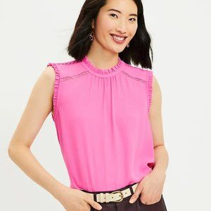 LOFT Cutout Ruffle Mixed Media Shell, Size Large, NWT